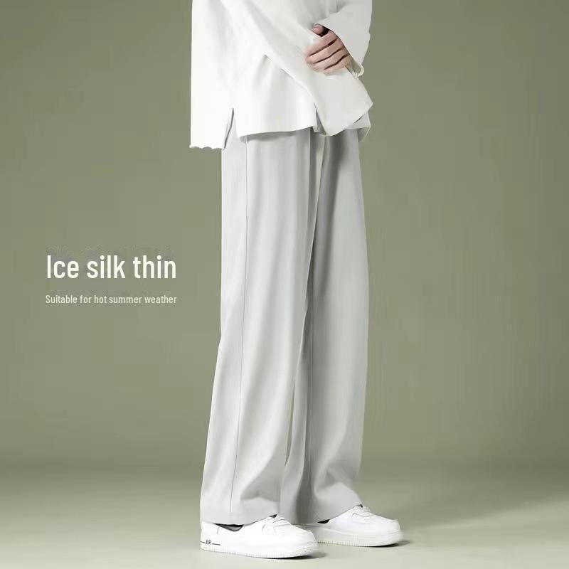 Men's Summer Ice Silk Elastic Waist Quick-Dry Casual Pants - Large Size, Lightweight, Versatile, Straight Fit.