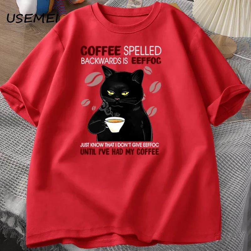 Coffee Spelled Backwards Cat T-shirt Funny Cute Graphic Tees Summer Unisex Cotton ONcek T Shirt Mens Clothes Oversized