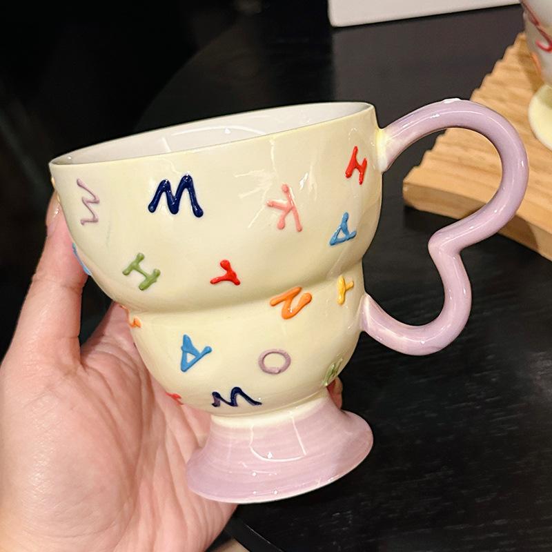 Creative Embossed Letter Crown Goblet Niche Design Ceramic Mug Office Coffee Cup Souvenir
