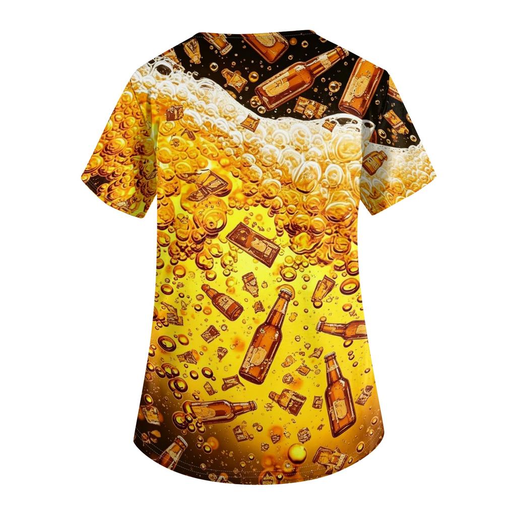 Womens V Neck Short Sleeve Work Shirt with Pockets Beer Festival Print Casual Medical Scrub Top for Caregivers Nurses and Hospitality Staff