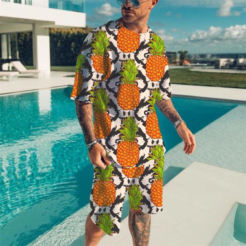 

Cute Fruit Pattern Set T-shirt Men s Hawaii Leisure Vacation T-shirts 2 Piece Beach Quick Drying Breathable Short Sleeve Set Men 5XL