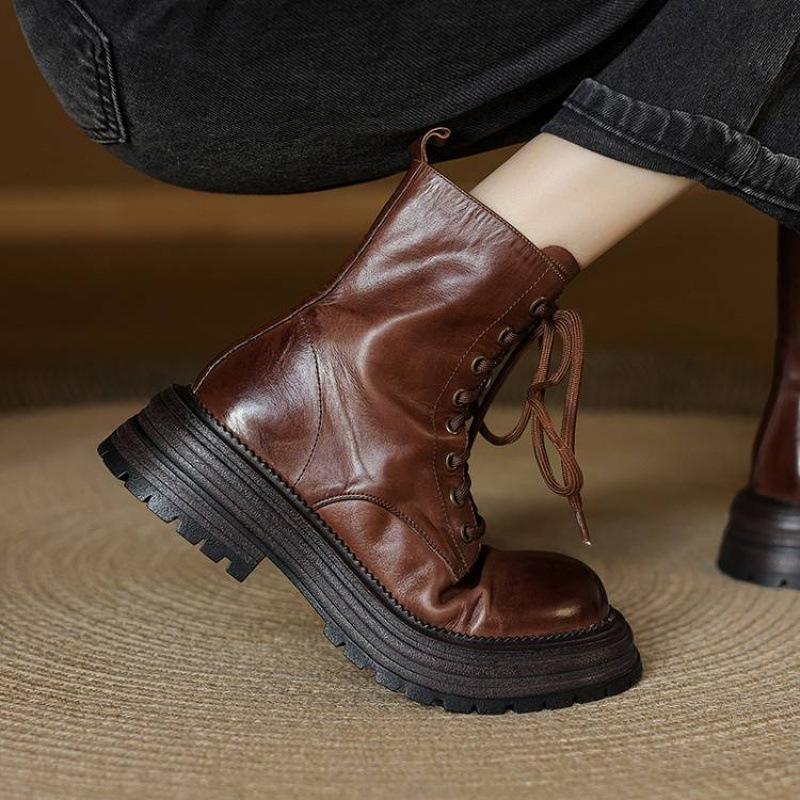 Neue runde Zehenpartie mittlerer Absatz große Größe Ritterstiefel Leder bequem dicksohlige Schnürstiefel Damen Herbst und Winter Rindsleder mittelhohe Stiefel Damen