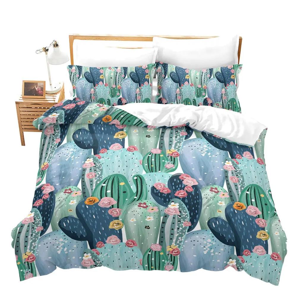 Cactus Duvet Cover Spring Garden Style Bouquet of Thorny Plants Blossoms Arrows Feathers Bedroom Decorative for Women Children