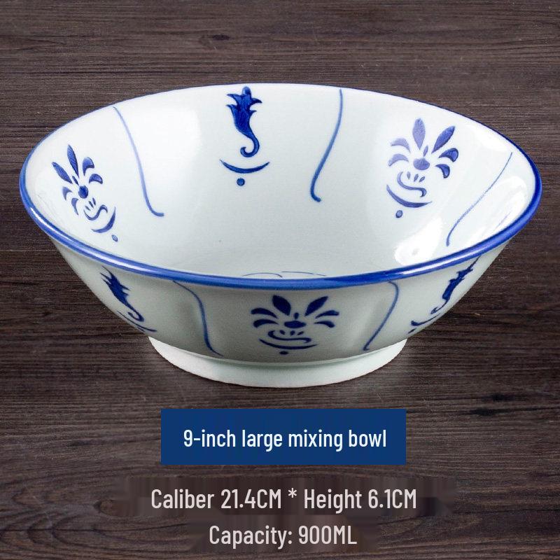 Vintage Ceramic Blue & White Bamboo Flower Bowl - Rustic Farmhouse Tableware, Ideal for Rice & Noodles