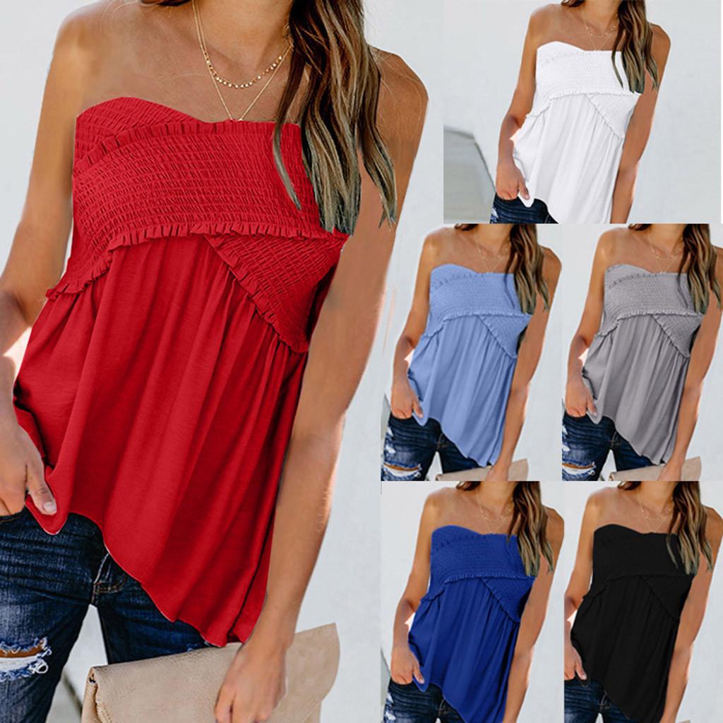

Women Fashion Sexy Solid Sleeveless Neck Loose Ruched Blouse Tops