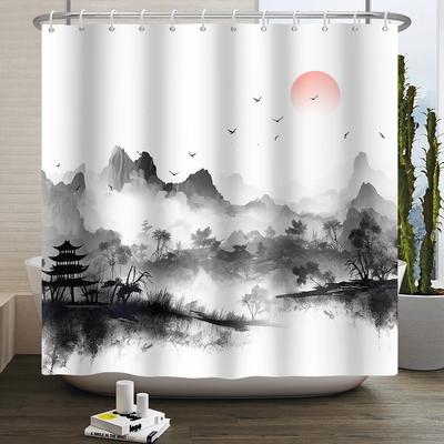 Chinese Ink Painting Landscape Shower Curtain Mountain Bamboo Modern Art Home Decor Bathroom Curtains Waterproof Shower Curtains