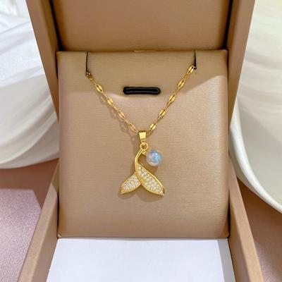 Titanium Steel Fishtail Mermaid Ji Micro-Inlaid Real Gold Necklace Women'S Transfer Beads Collarbone Chain With Jewelry