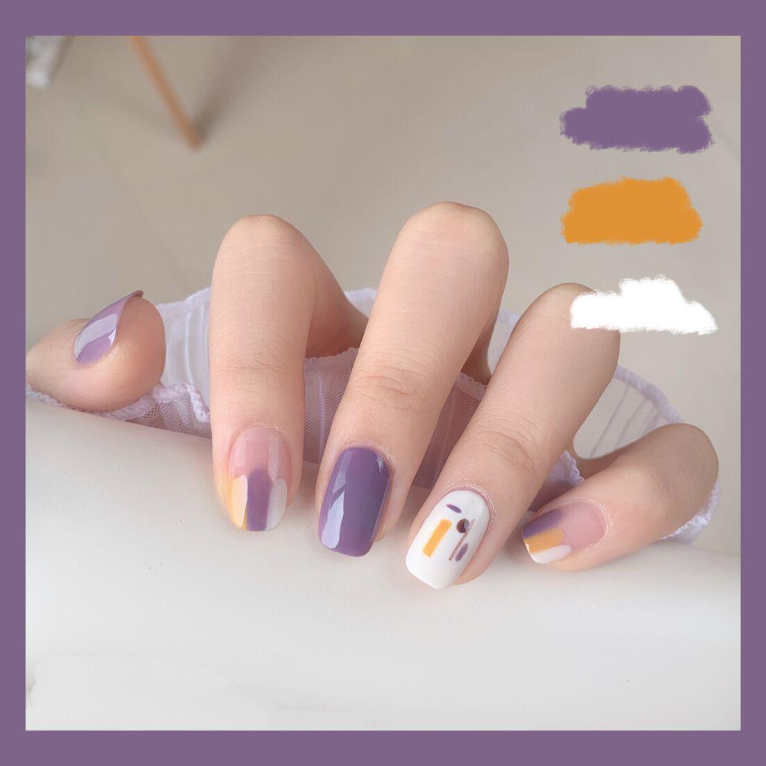 Taro Paste Pudding Wisteria Purple Graffiti Color Block Wearable False Nails with Stickers Glue Type