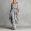 Salopetă Damă Decolteu Bardot Pantaloni Largi Fluizi Salopetă Scurtă cu Strat Superior din Șifon și Curea în Talie Culoare Uni Casual Croială Largă