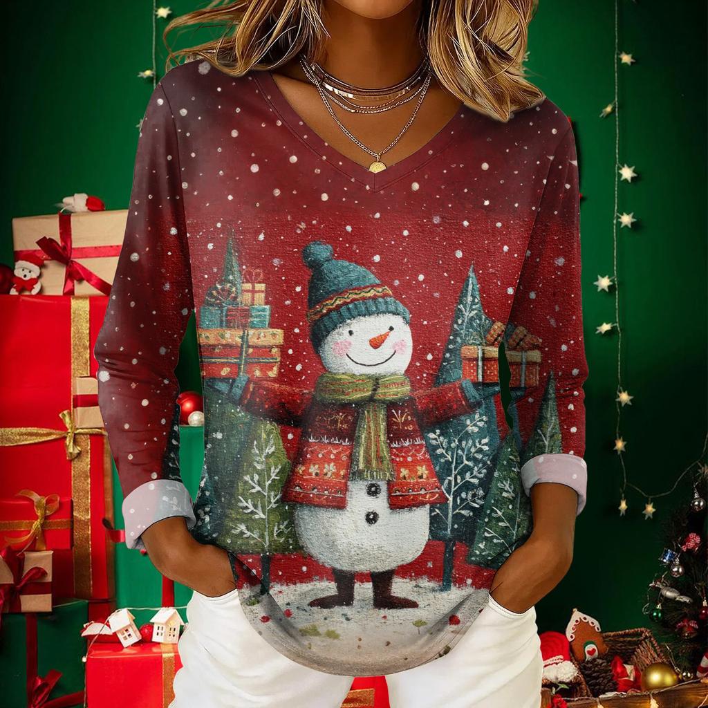 Women's Christmas Print Casual V-Neck Long Sleeve Top