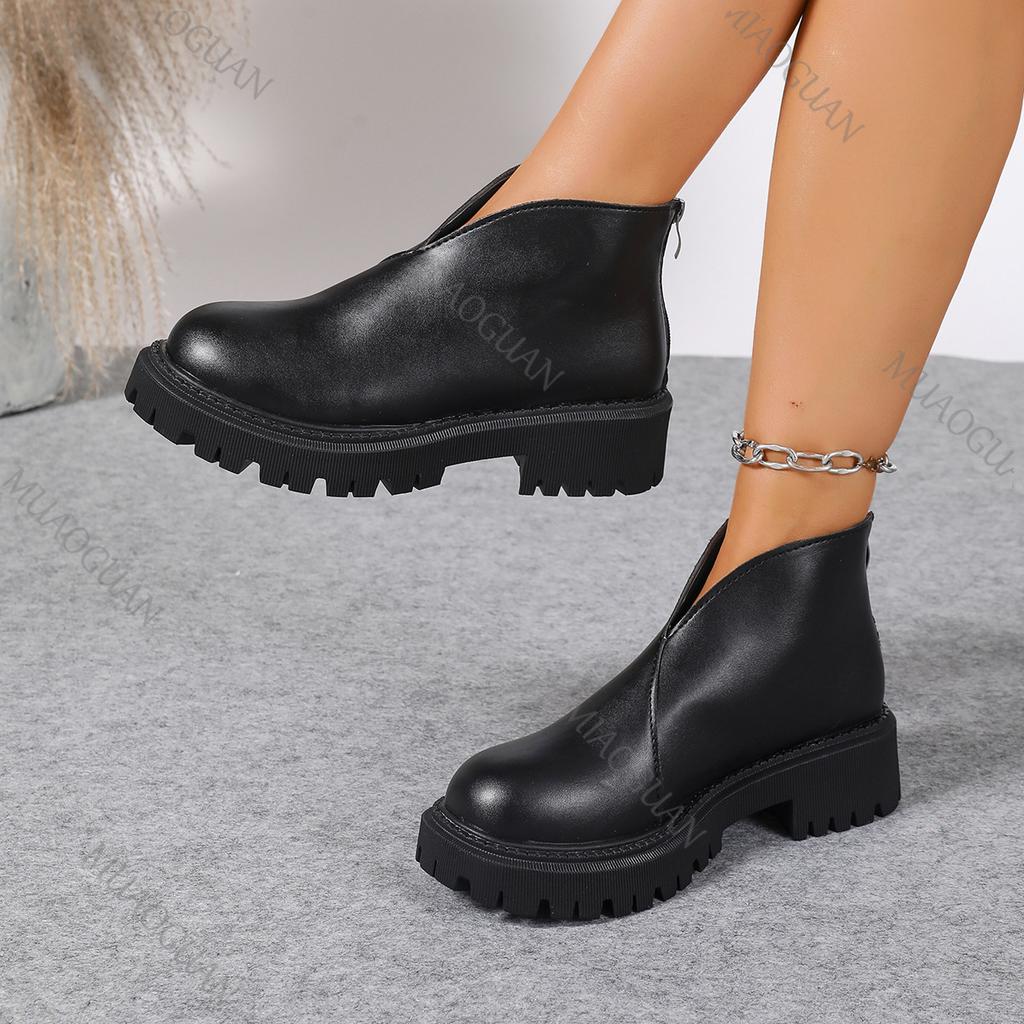 Fashion 2025 Autumn New Thick Sole Ankle Boots for Women Chunky High Heel Back Zipper Short Botines Casual Solid Round Toe Women Shoes