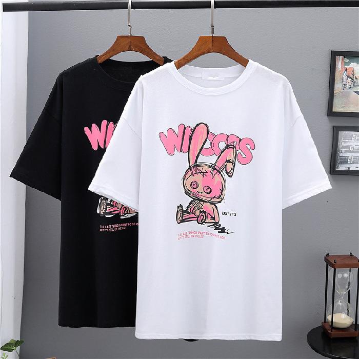 

Свободная модная футболка с высоким воротником и принтом кролика, летняя студенческая куртка XXXL белый