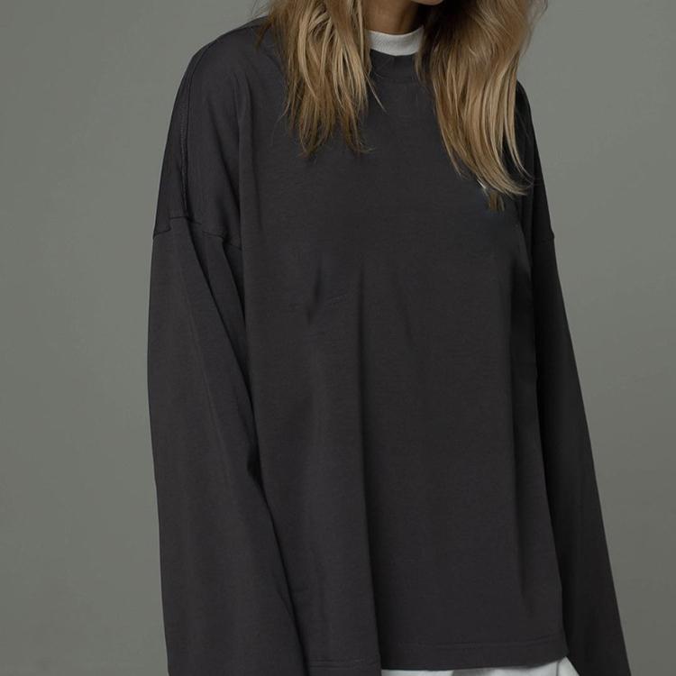 

Женские свободные футболки с длинным рукавом, базовые футболки с круглым вырезом, весенние и осенние толстовки, повседневные, для тренировок, модные, однотонные, хлопковые пуловеры, топы для женщин S темно-серого