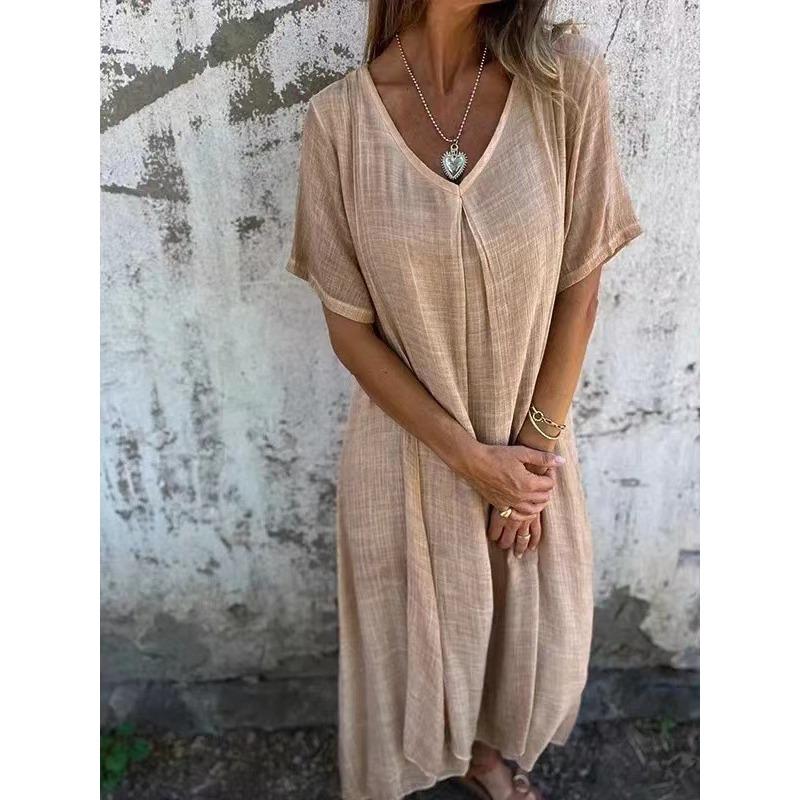 JKASHDK Moda Donna Estate Primavera Colore Unico Stampa Manica Corta Scollo a V Linea Vita Larga Abiti Casual