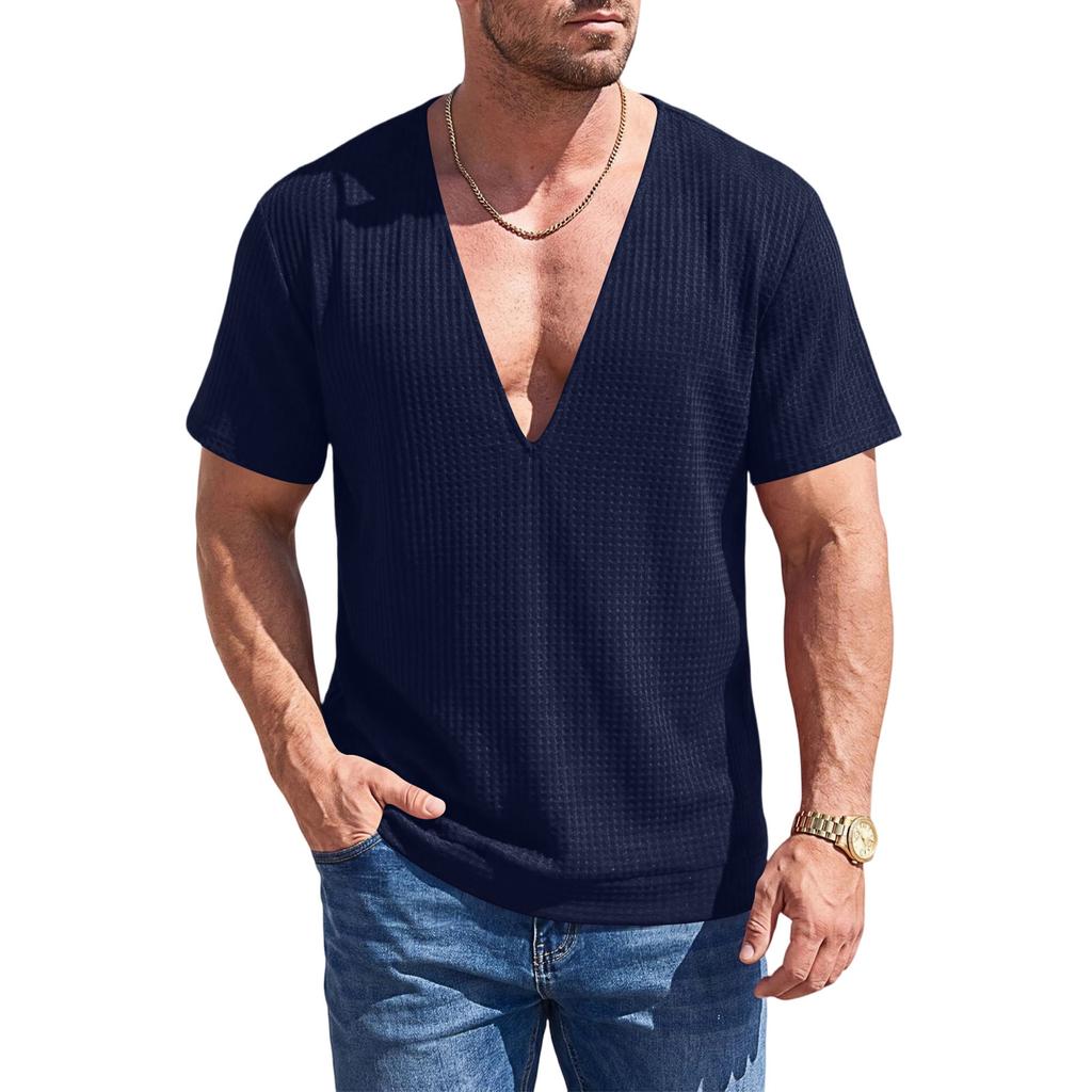 Men's Waffle Texture Deep V Neck Short Sleeve T Shirt Loose Fit Oversized Breathable Casual Tee for Summer and Everyday Wear
