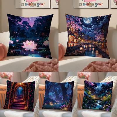 Nighttime Dreamy Lanterns And Flowers Cushion Cover Linen Cushion Cover Soft Decorative Case For Sofa Home Decor