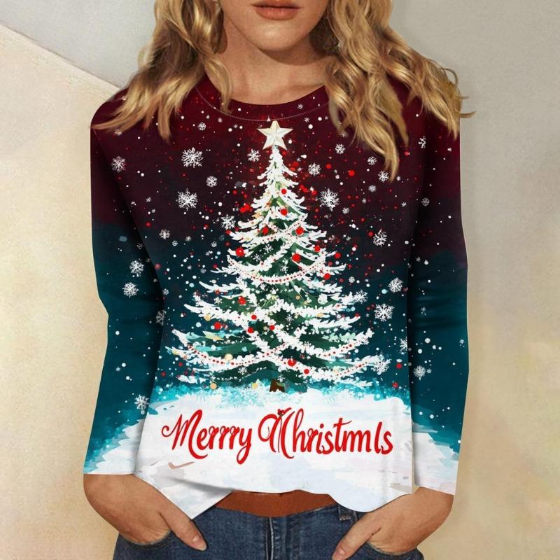 Women's 3D Christmas Snowflake Gradient Print Round Neck Long Sleeve T-shirt Casual Long Sleeve Top Party Loose Women's Top