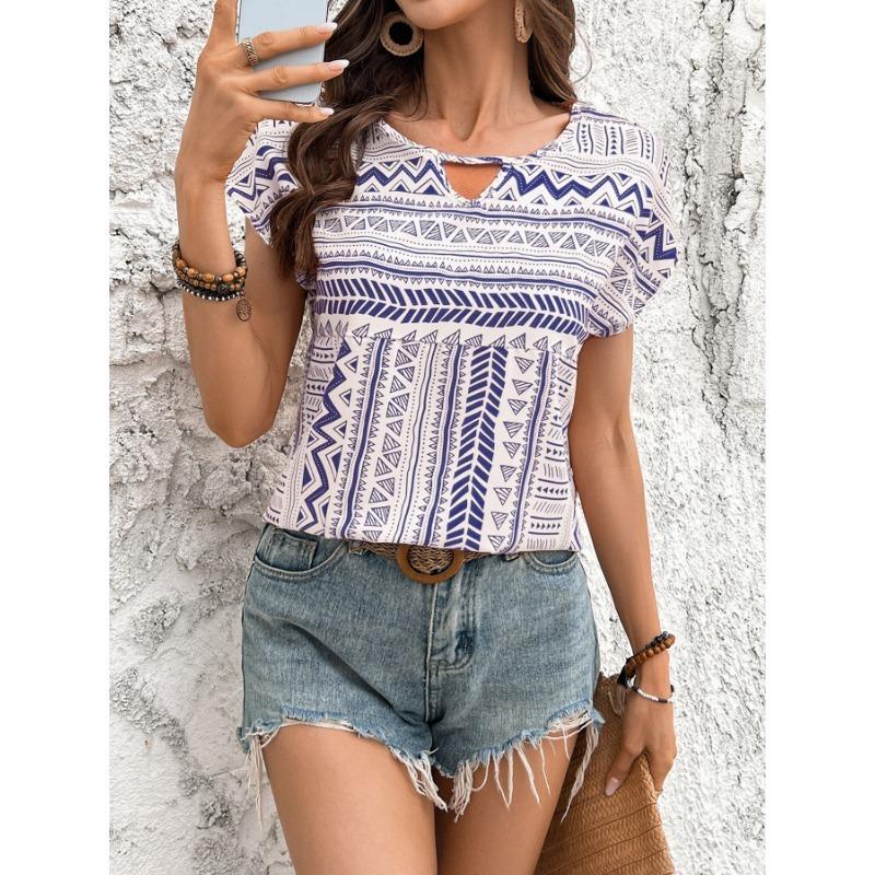 Women's Fashion Summer Shirt Geometric Pattern Round Neck Loose Short Sleeved Shirt Top