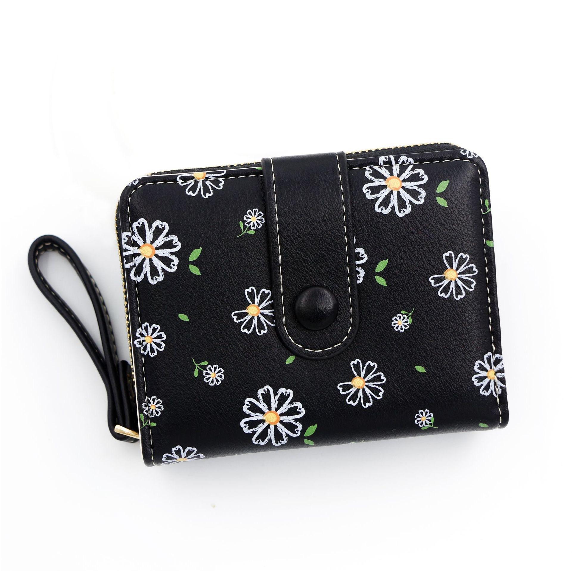 

Жіночі гаманці Коротка кишеня для монет на блискавці Простий милий жіночий гаманець Тримач кредитної картки Квітковий візерунок Портмоне для дівчат Сумка для грошей чорний