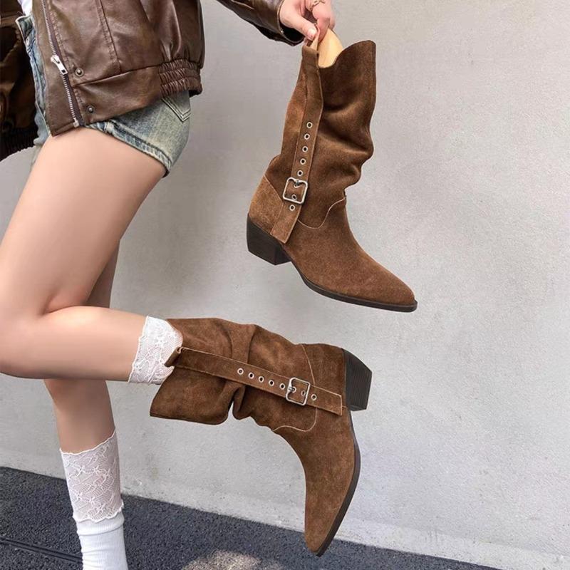 

Женские ботинки из натуральной замши, слипоны с двойной металлической пряжкой, осенние полусапоги до середины икры, с острым носком, на толстом среднем каблуке 5 см, ковбойские ботинки 40 коричневый