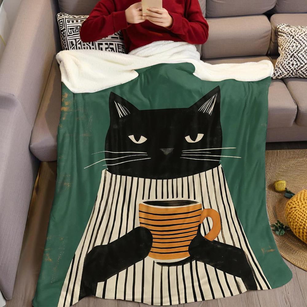 Striped Shirt Coffee Cat Flannel Blanket Warm Soft Halloween Christmas Couch Warm Cozy Decorative Decor Gift For All Season