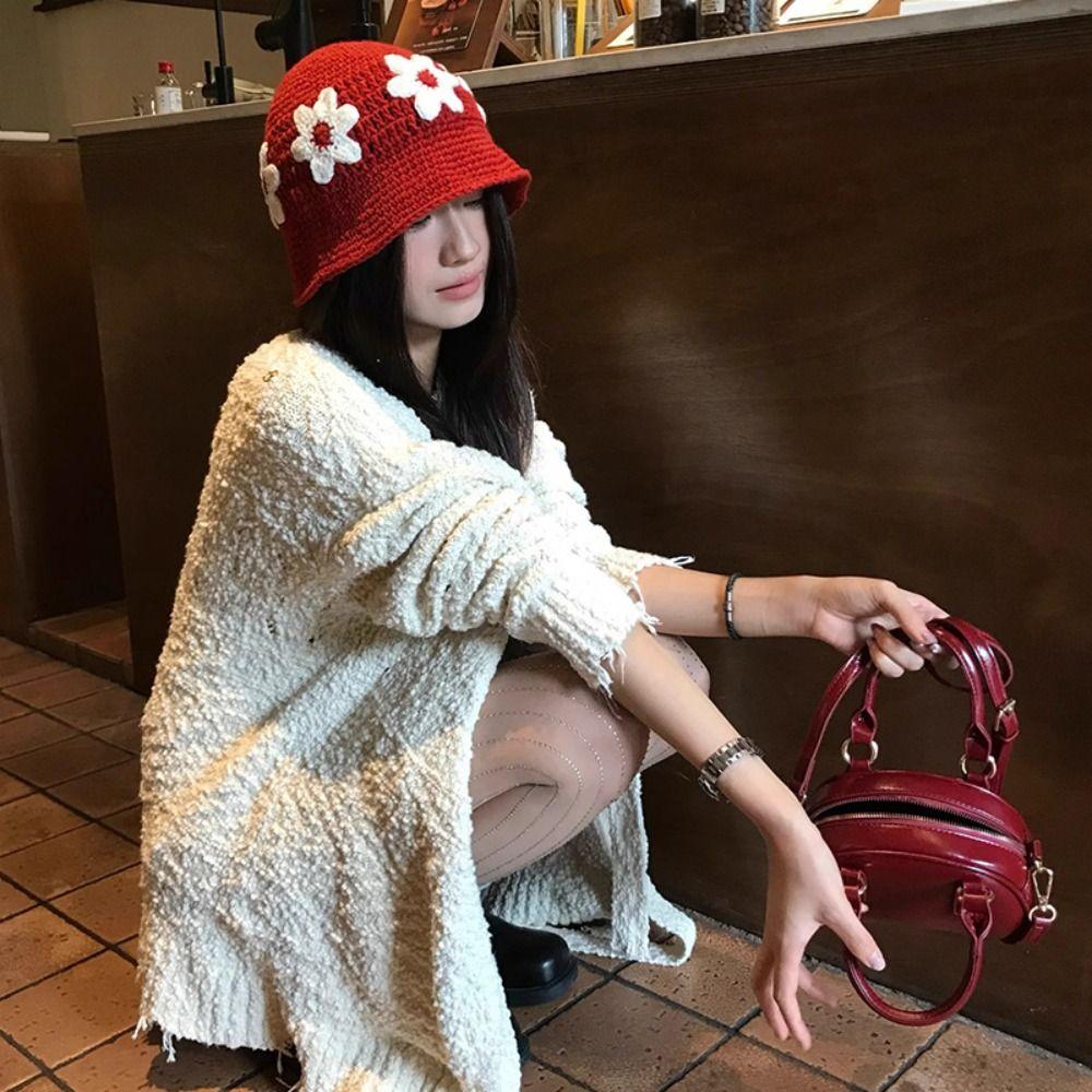 Handmade Beanies Hat Sweet Women's Fisherman Hat Casual Crochet Flower Knitted Hat Outdoor