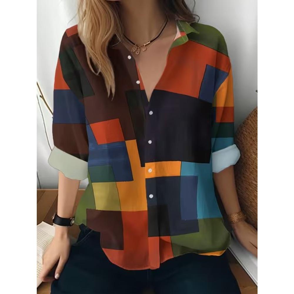 Chemise à motif géométrique pour femme Printemps Automne Femme Dame de bureau Boutonnée Col rabattu Chemises