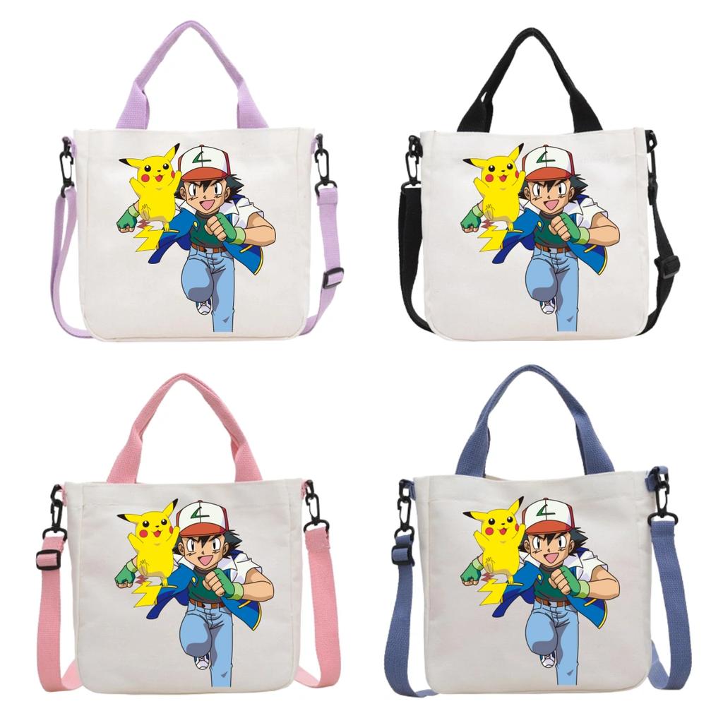 Pokemon Canvas Crossbody Bag Pikachu Cartoon Pattern Print Handbag Fashion Portable Large Capacity Travel Shopping Storage Kid Friendly Entertaining