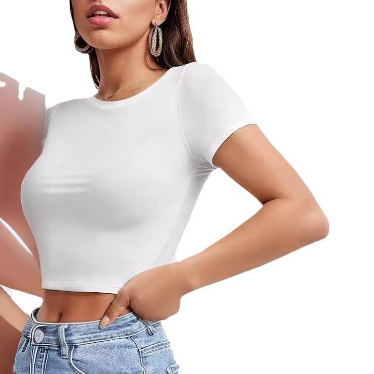 Women Crop Top Short Sleeve Crew Neck Summer Basic Tee Shirts Slim Fit Tight Y2K Going Out Tops Outfits