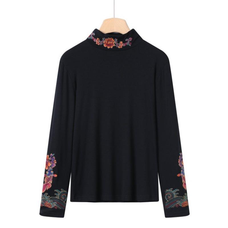 

Женская осенняя одежда для женщин среднего и пожилого возраста, вышитая рубашка с длинным рукавом, новая темпераментная полуприлегающая базовая рубашка, универсальный и стройнящий топ 6XL [recommended 160-82.5 kg]