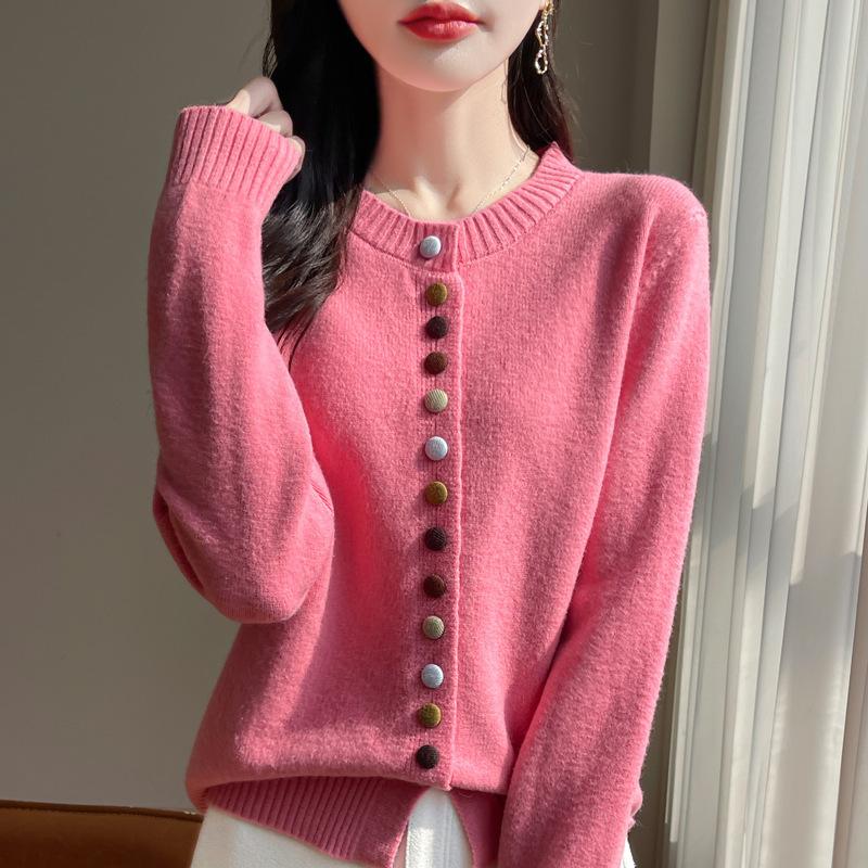 

Осень Зима Женские Кардиганы Однобортные Толстые Теплые Вязаные Свитеры Круглый вырез Длинный рукав Кардиганы Базовые Футболки XS розовый