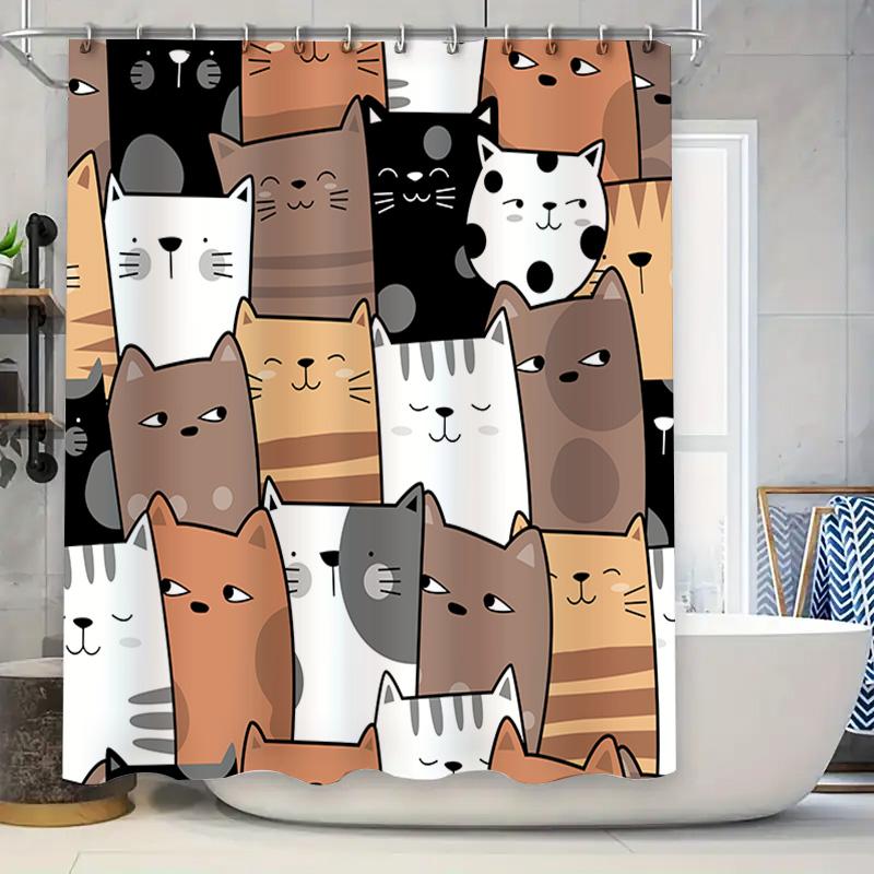 Whimsical Cats Shower Curtain Bath Decor for Cat Lovers – Cute Feline Print Design Bathroom Rug Set in Multiple Colors”