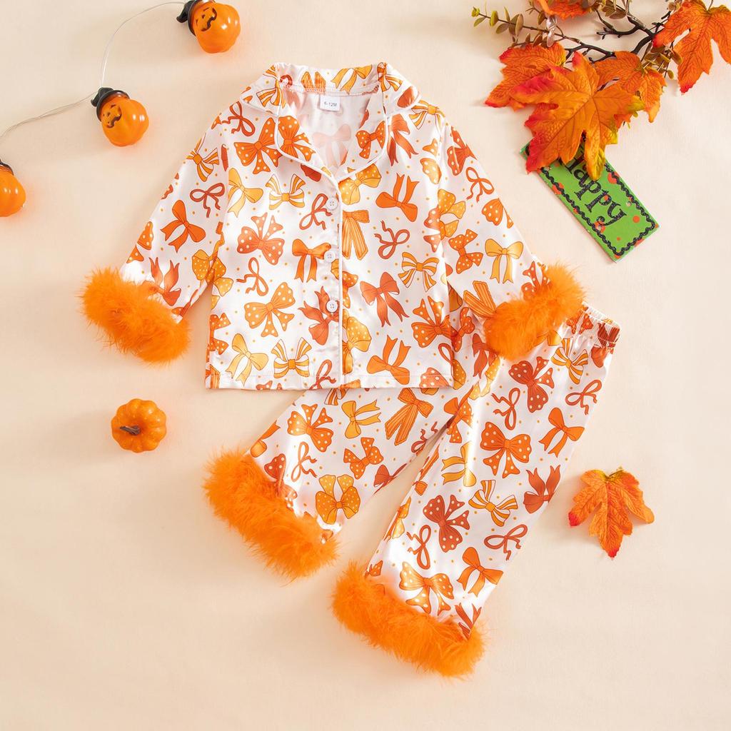 2025 Furry Halloween Pajama Set with Bowknot & Pumpkin Print - Two-Piece Turn-Down Collar Homewear