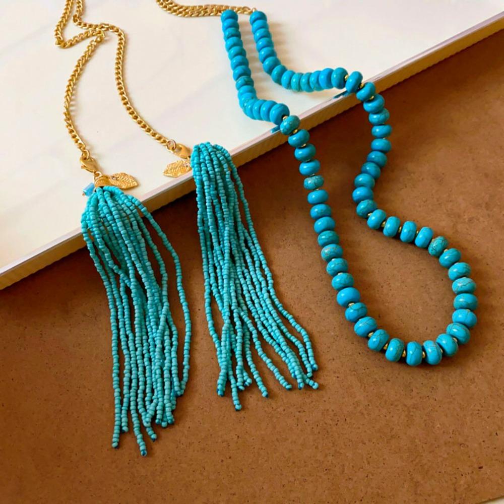Hanging Neck Bohemian Waist Chain Rice Beads Sweater Chain Portable Long Turquoise Necklace  Girls