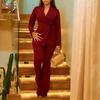 Women 2 Pc Sets High Waist Loose Straight Pants Sets 2026 New Solid Blouse V Neck Plus Size Long Sleeve Elegant Female Outfits