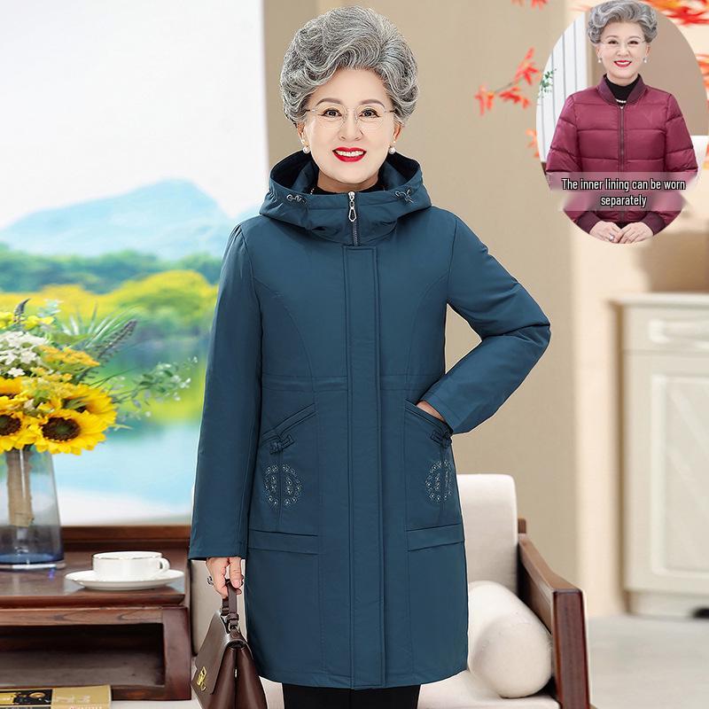 

Mid-Length Down Jacket for Middle-Aged & Elderly Women with Active Shell, Thick, Cold-Proof, & Detachable Inner Lining 5XL (Recommended 140-160 jin) павлин голубой