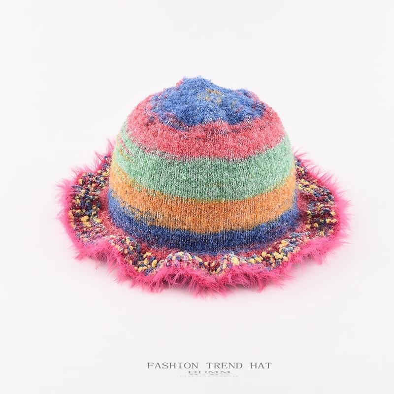 Rainbow Oil Painting Gradual Change Knitted Wool Hat Children Autumn and Winter Warm Plush Bucket Hat Basin Hat Tide