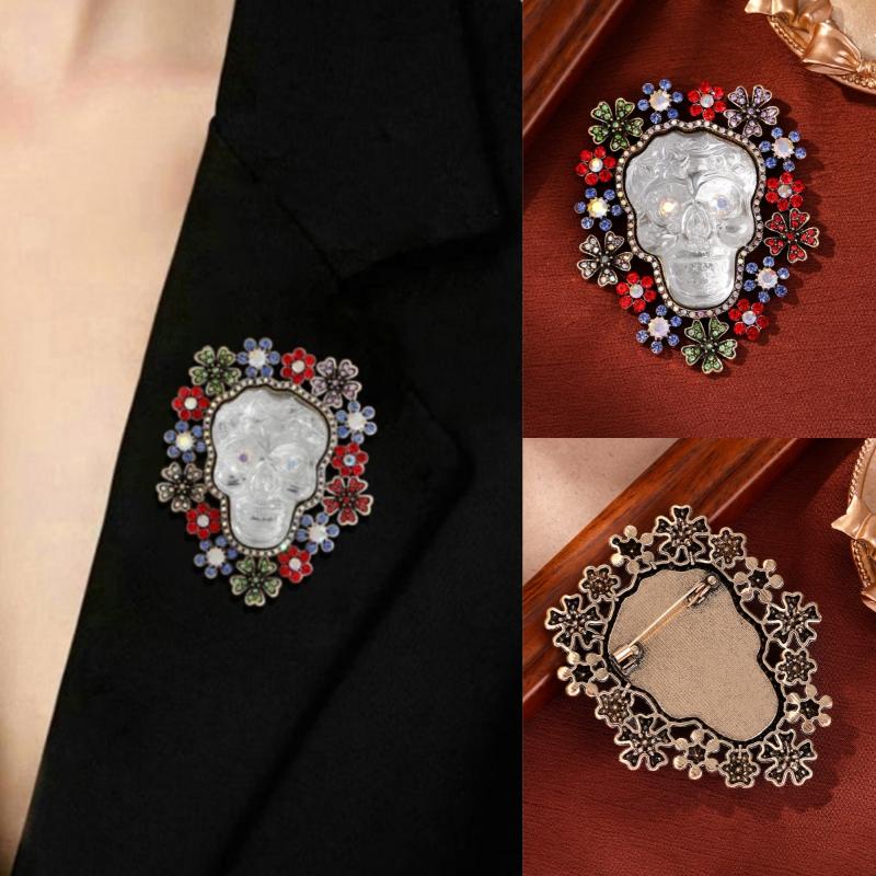 Luxury Big Heavy Flower Skull Brooch Jewelry Retro Ghost Witch Badge Pin For Coat Bag Decor Accessory Halloween Gift