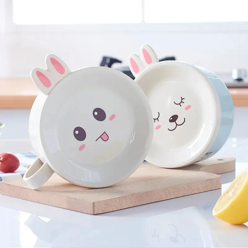 2025 Korean Stainless Steel Double-layer Ramen Noodles Bowl Anti-scalding Instant Noodle Bowl Cute Bunny with Lid And Spoon Tableware