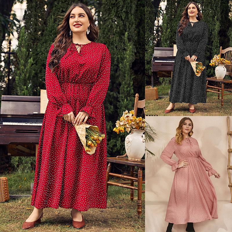 Frühlings- und Herbst-Damenkleid, großes Kleid, gepunktet, lockere Langarm-Kleider