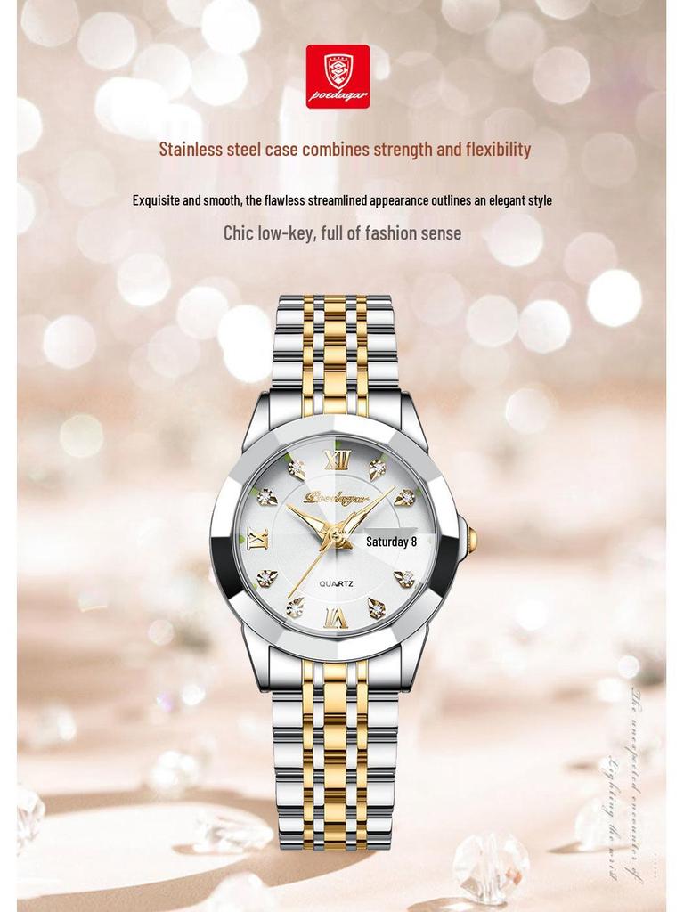 Ceas de mână nou elvețian pentru femei, rezistent la apă, luminos, cu calendar dublu