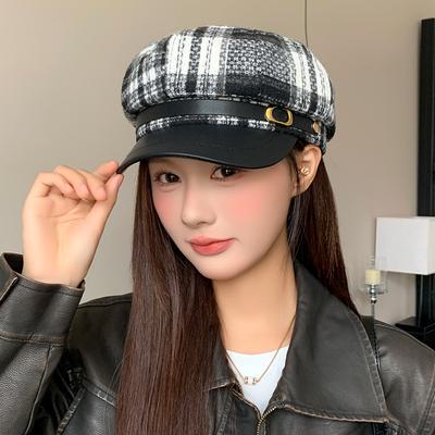 Chapeau Octogonal à Carreaux en Laine Style Xiaoxiangfeng Automne et Hiver Style Britannique Polyvalent Bailey Version Coréenne Mode Casquette Newsboy Littéraire pour Femmes