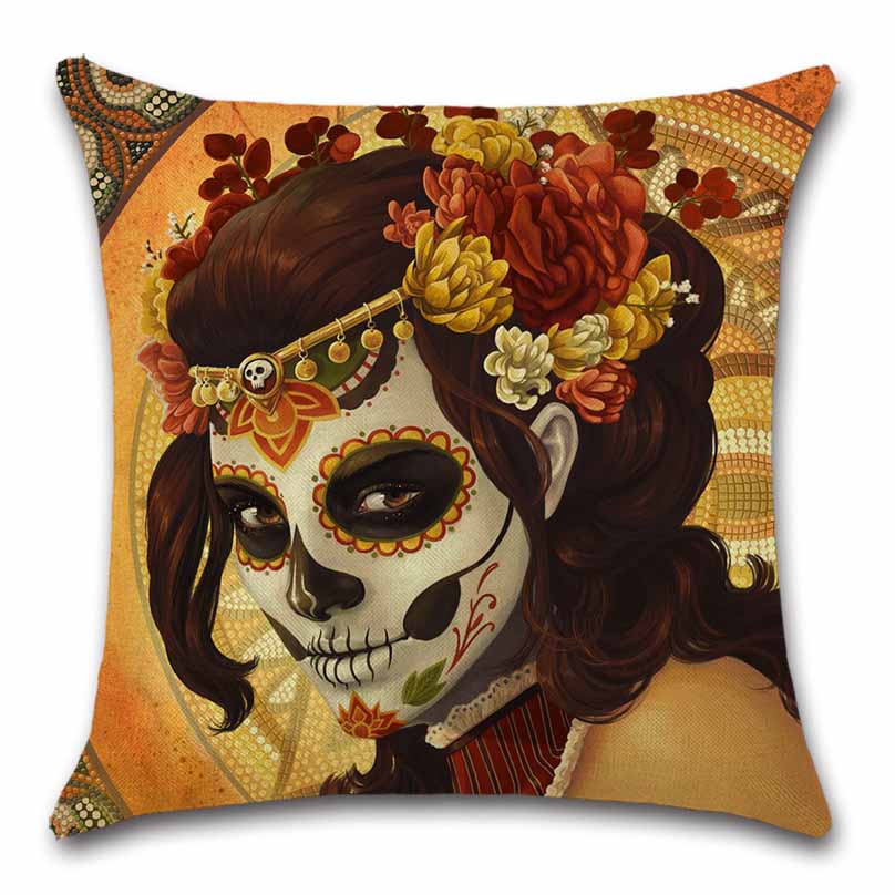 Home Sofa Seat Car Friend Office Gift Pillow Cover Skull Mexican Day of The Dead Goth Girl Linen Cushion