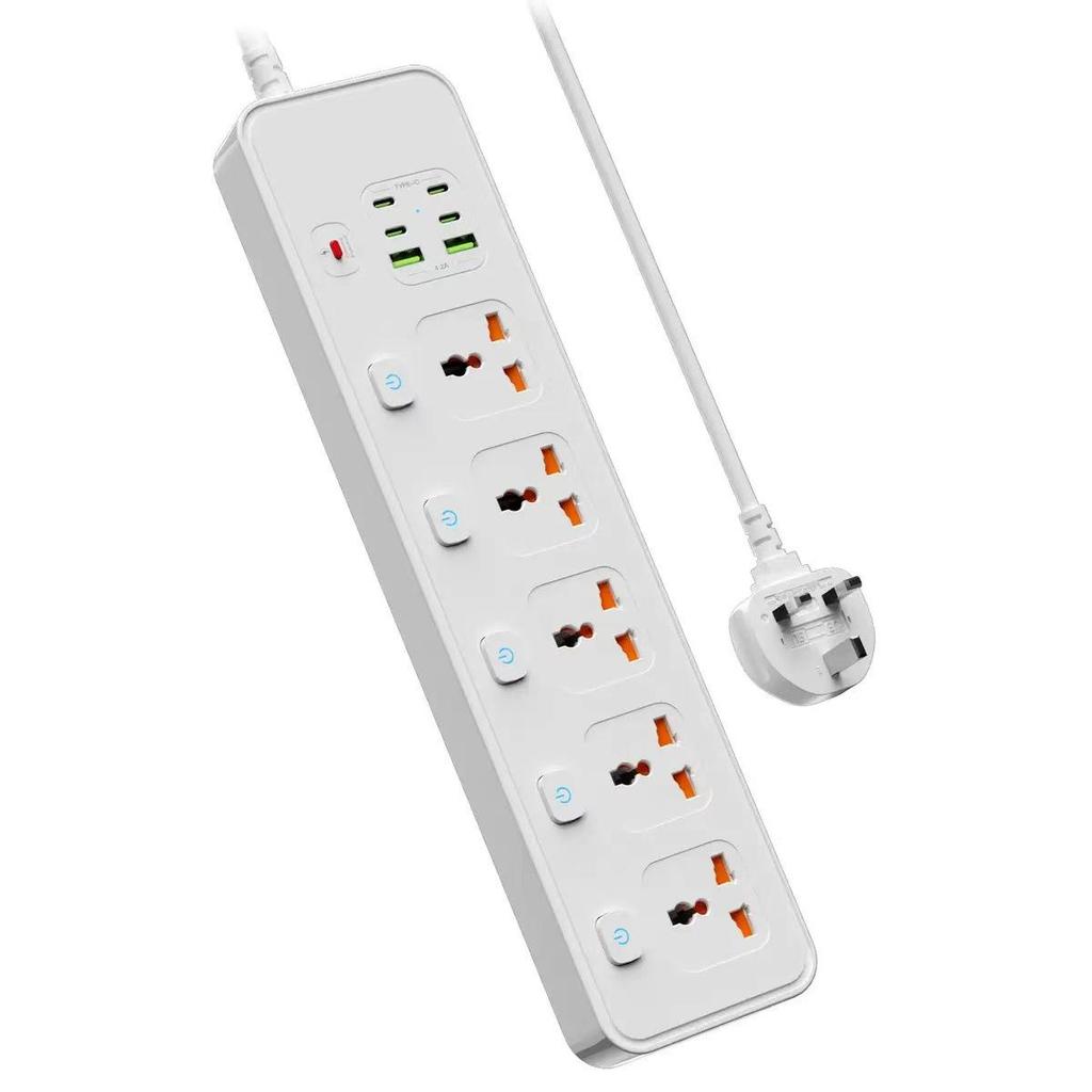 BKL25 Power Strip with 5 Universal Sockets, Independent Switch Control, and Overload Protection