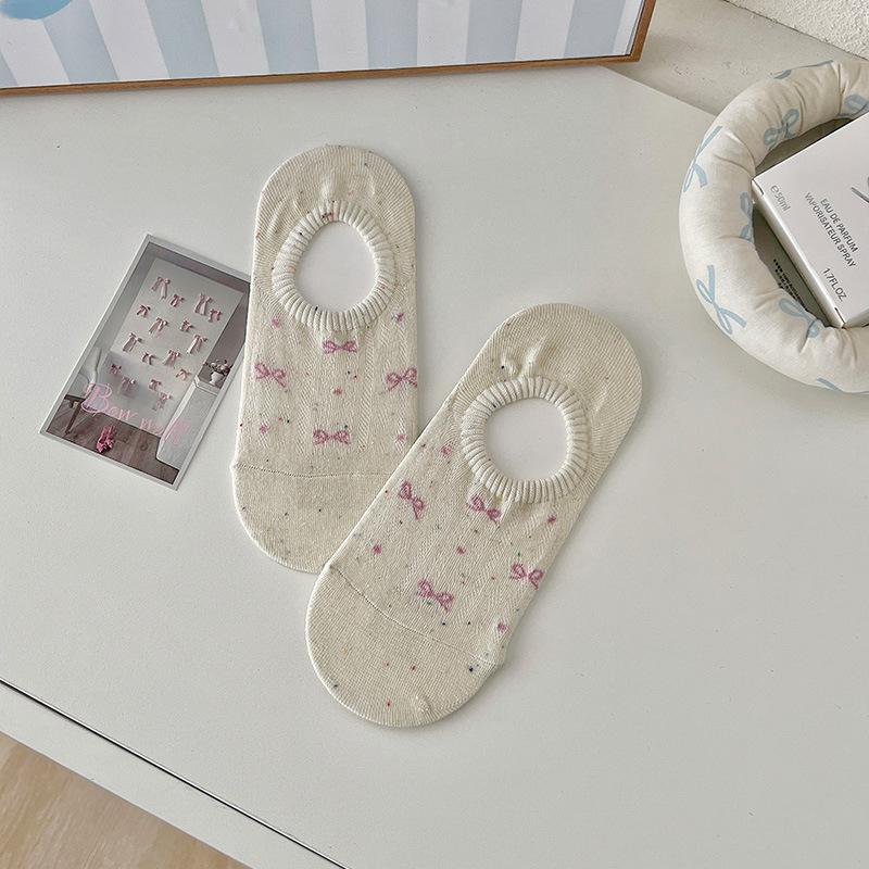 Thin Mesh Breathable Boat Socks, Silicone Anti-slip and Non-falling Heel Cotton Socks, Bow Bow Shallow Mouth Invisible Socks