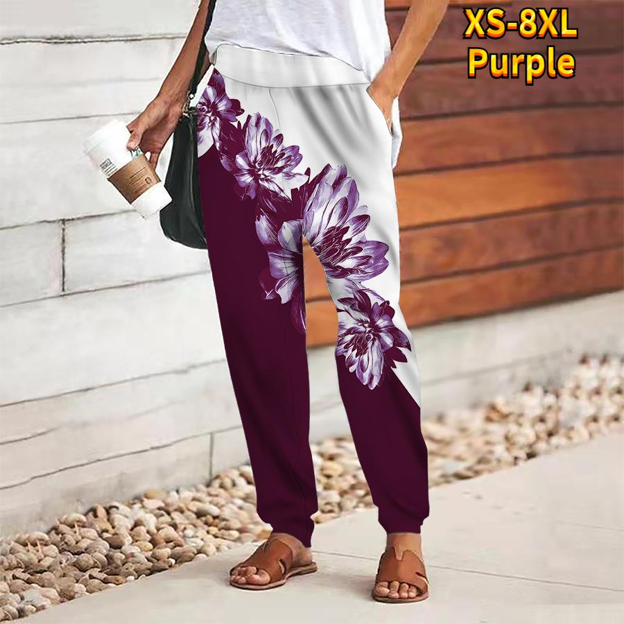 Women Flower Printing Pants Lace Up Elastic Waist Loose  Trousers Casual Long Pants Trousers with Pockets