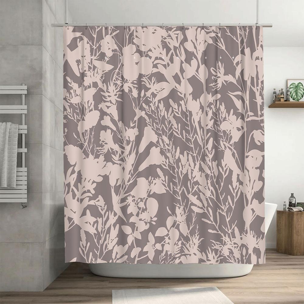 Soft Floral Bath Curtain SetPink Gray Shower Curtain for Bathroom Decor with Hooks Waterproof Printed Shower Curtain Rod Pocket