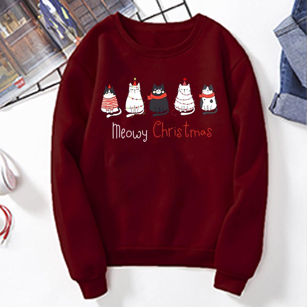 Hanorac unisex de Crăciun, pisică de Crăciun, Hanorac de Crăciun Fericit, Pulover de iubitor de pisici, Hanorac drăguț cu gâtul pe pisică Cadou pentru mama pisicii