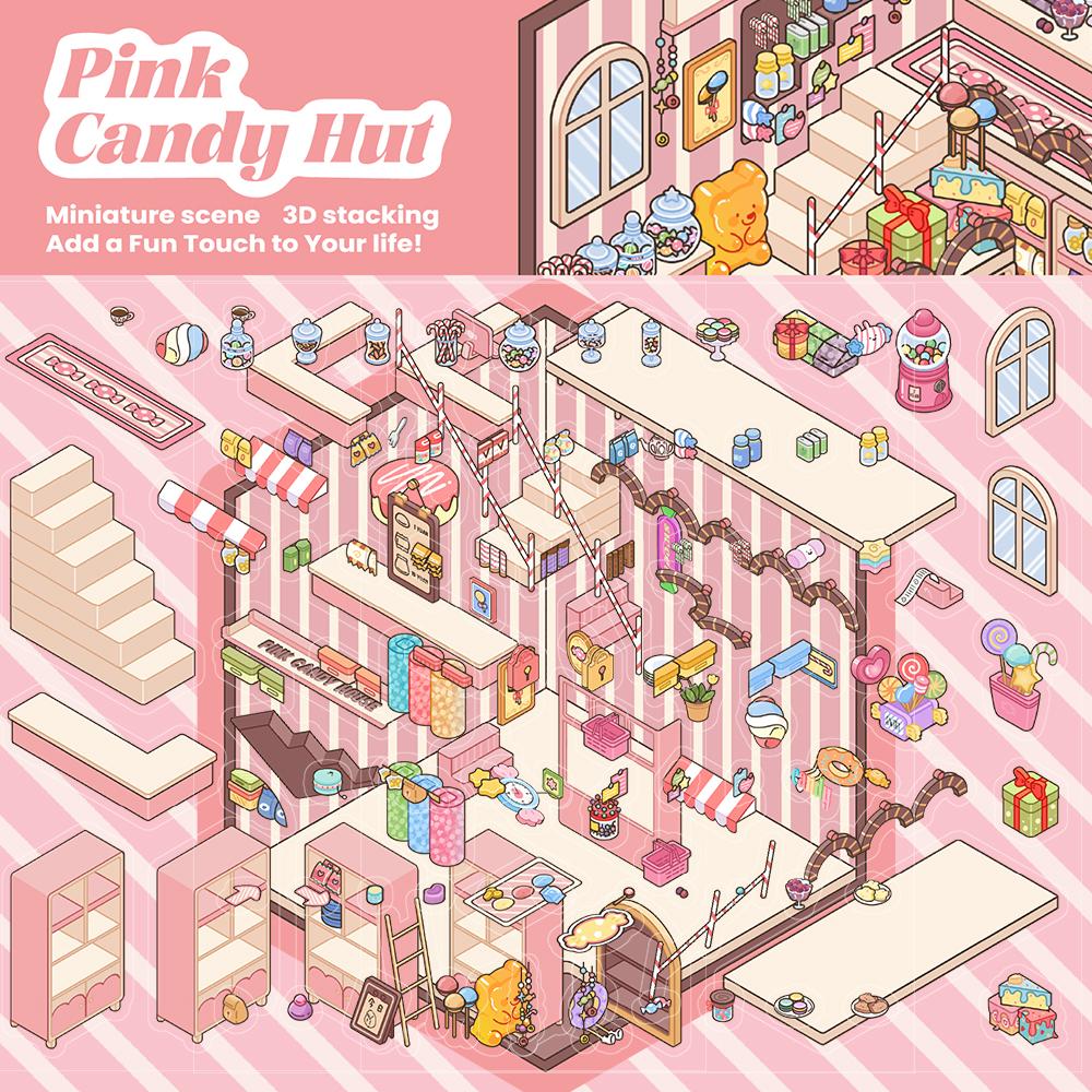 3PCS Pink Candy House Sticker Nostalgia Stacking Cafe Landscape Room Decompression Art Picture Department Y2K Fashion Stickers