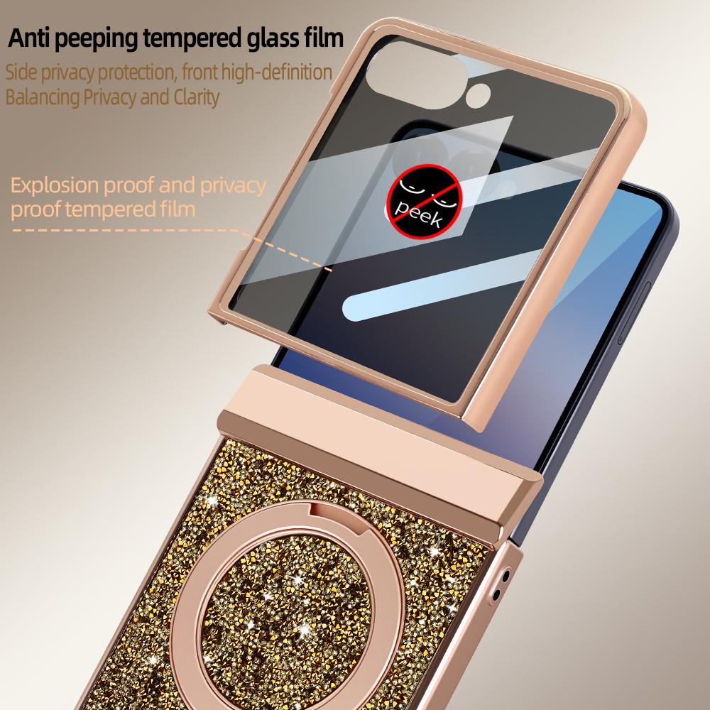 Glitter Faux Leather for Samsung Z Flip 7/6 Phone Case with Magnetic Rotatable Kickstand, Anti-peep Film Protective Hinge Cover